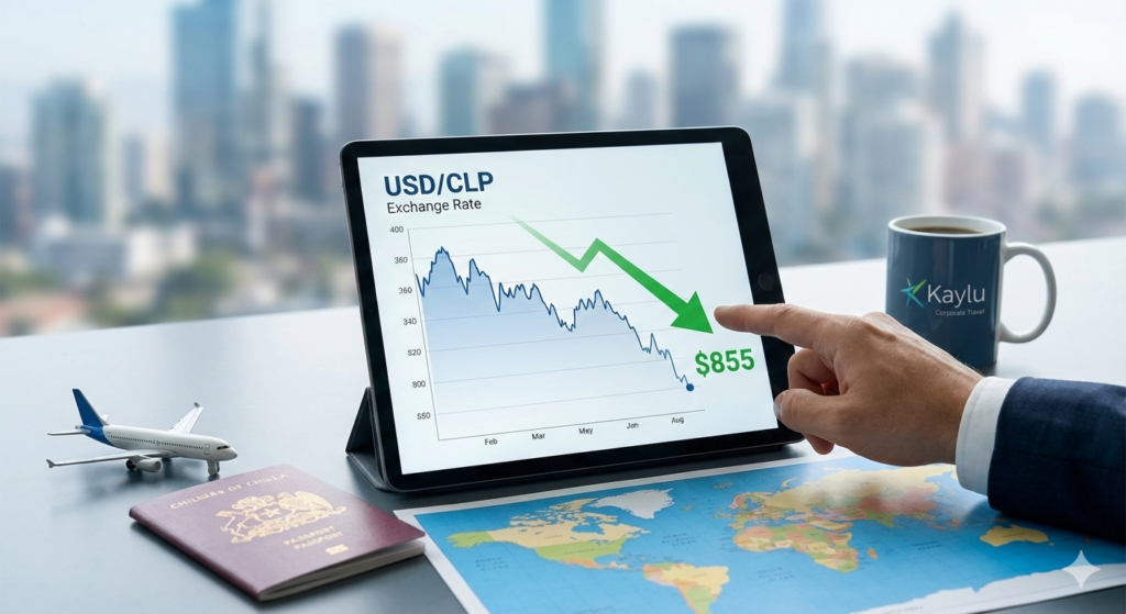 ablet de oficina mostrando gráfico financiero con la baja del dólar en Chile a 855 pesos, junto a un pasaporte chileno y una taza con el logo de Kaylu. Concepto de ahorro en presupuesto de viajes de negocios internacionales